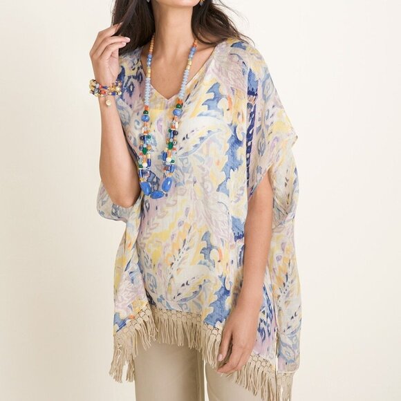 Chicos Linen Weave Poncho Cape Watercolor Paisley Crochet Fringe L/XL - Picture 1 of 13